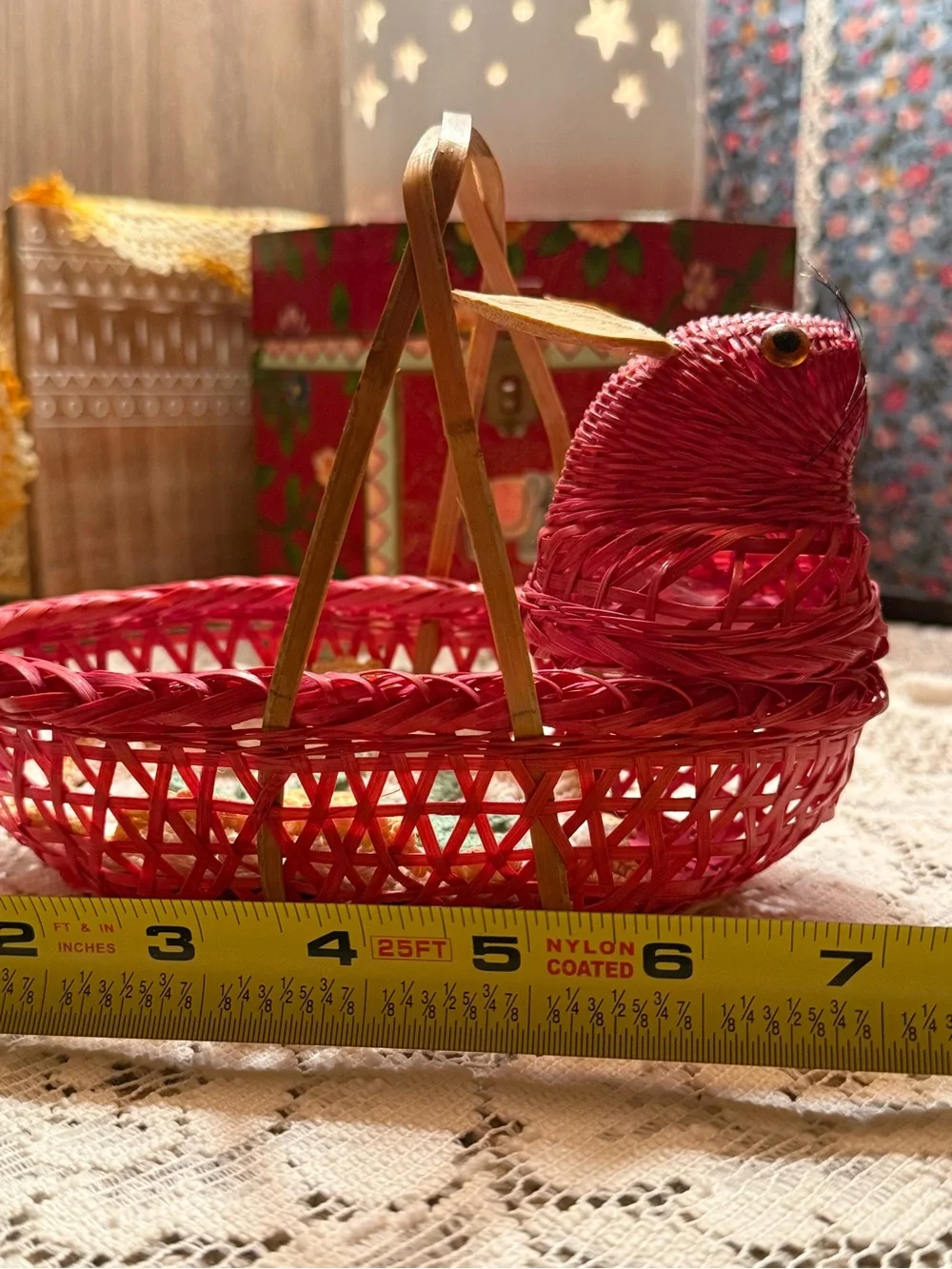 Vintage Wicker Bunny Rabbit Basket Red Wooden Rattan Ears Button Eyes & Whiskers